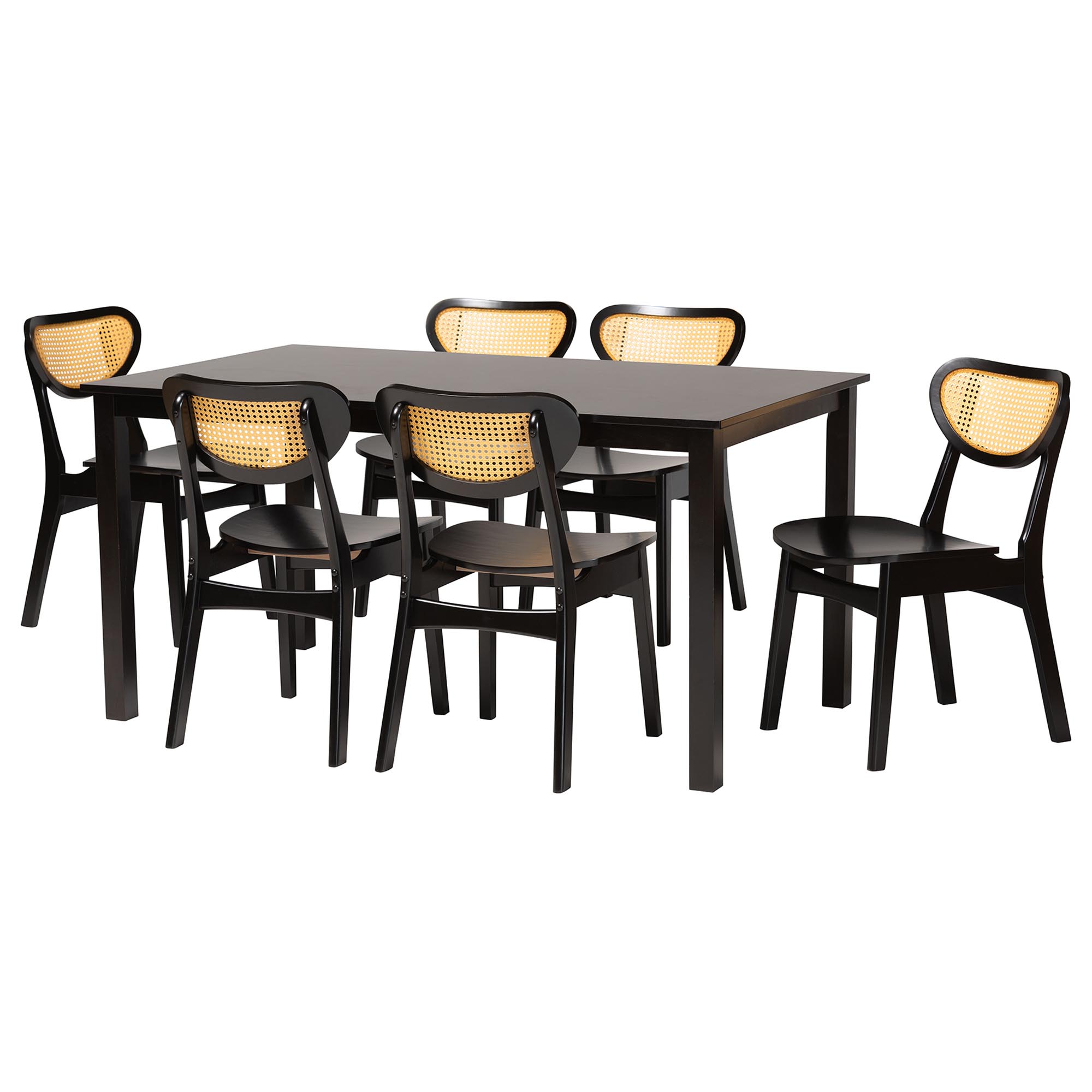 Baxton Studio Jeriah Mid-Century Modern Dark Brown Brown Finished Wood and Woven Rattan 7-Piece Dining Set
